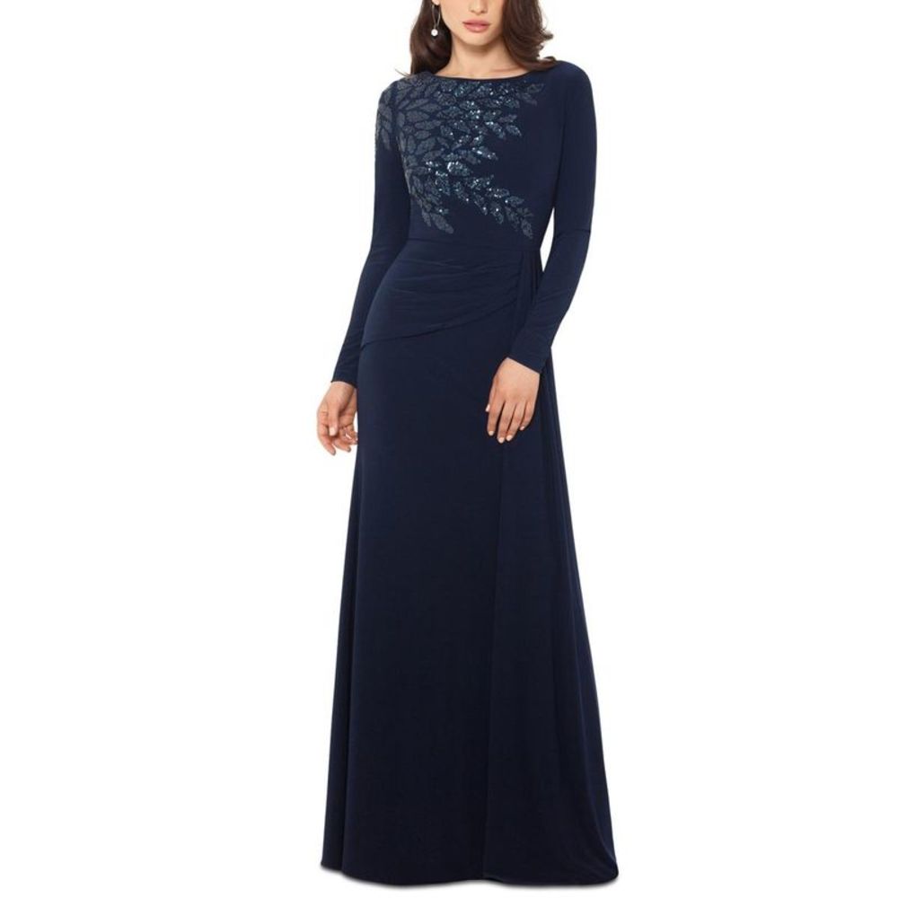 Xscape Womens Navy Sequined Pleated Formal Evening Dress Gown Petites